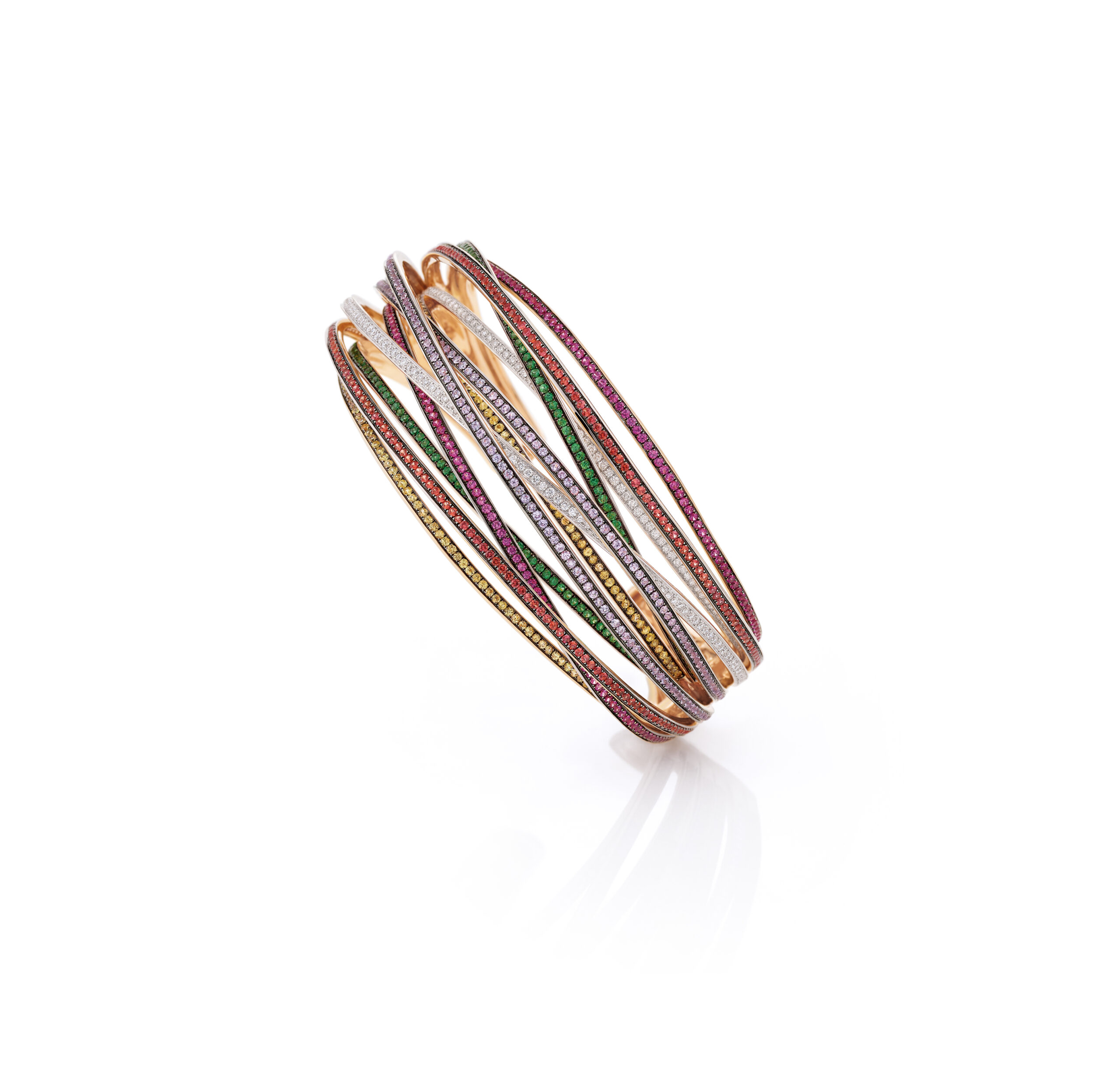 Armreif - 168 Brill. TW si 0,94 ct. 140 Saphir gelb 1,04 ct. 187 Saphir orange 1,58 ct. 158 Saphir pink 1,32 ct. 201 Saphir lila 1,42 ct. 149 Tsavorit 1,36 ct.